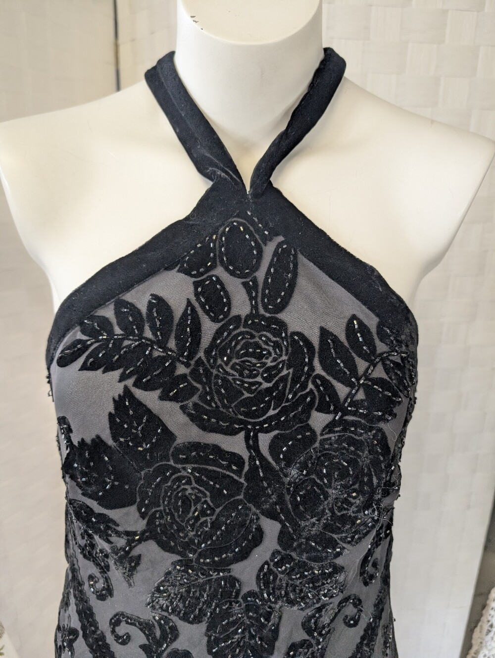 Vintage Cache Black Sheer Halter Floral Velvet Burnout Top with Fringe Sz M - Picture 4 of 4